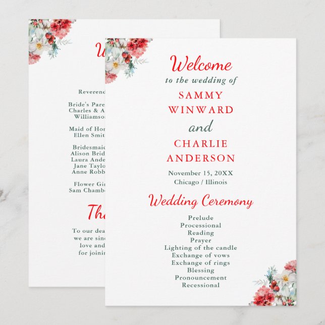 Elegante Blumengrün Winter Wedding Programm (Vorne/Hinten)