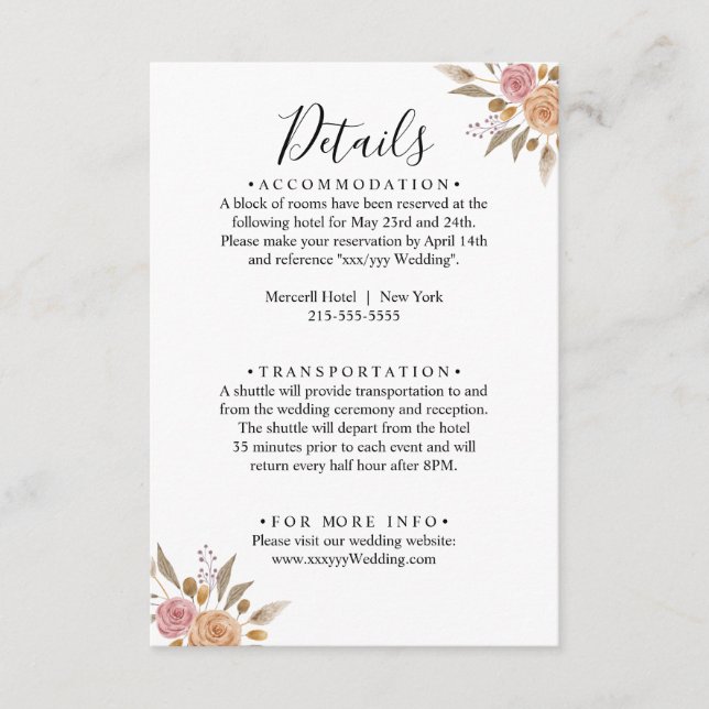 Elegante Blumenhochzeit Begleitkarte (Vorderseite)