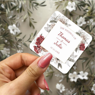 Elegante Blumenhochzeit Burgund & Silver Quadratischer Aufkleber