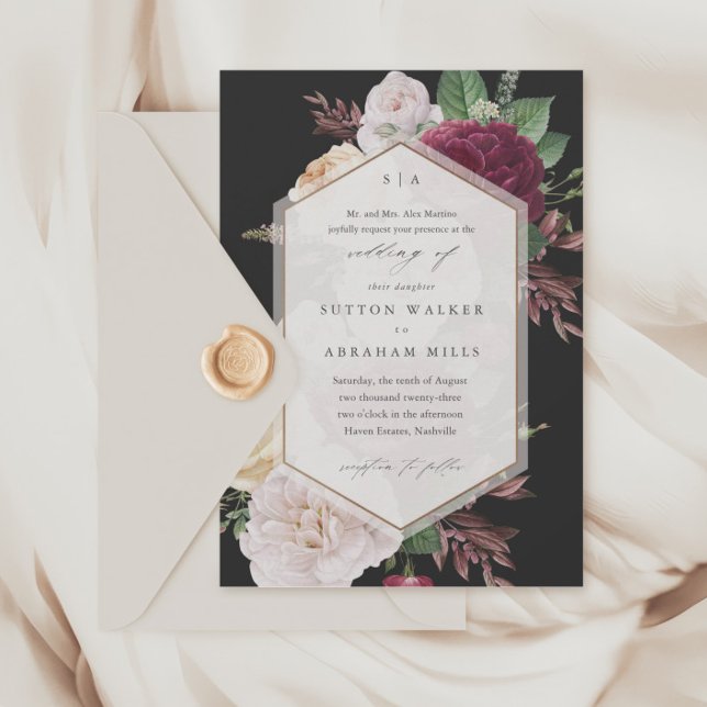 Elegante Blumenhochzeit Einladung (Vintage floral bouquet black wedding invitations.)