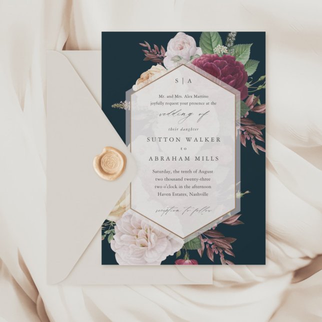 Elegante Blumenhochzeit Einladung (Vintage floral bouquet navy blue wedding invitations.)