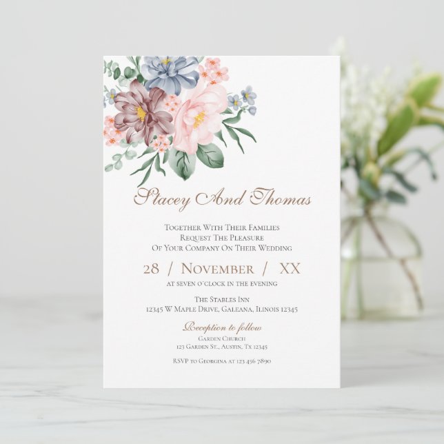 Elegante Blumenhochzeit Einladung (Stehend Vorderseite)