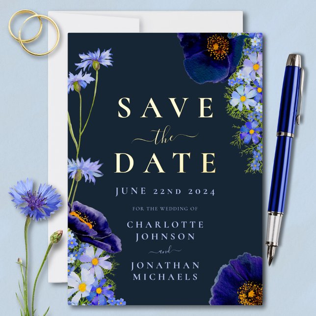 Elegante Blumenhochzeiten Navy Blau und Gold Folieneinladung (Elegant wildflower navy blue floral gold foil wedding save the date invitation )
