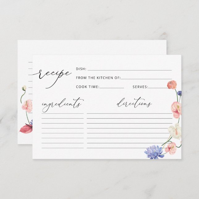 Elegante Blumenkarte Brautparty Rezept Karte (Vorne/Hinten)