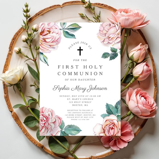 Elegante Blumenkreuz Einladung (Elegant Floral Cross Girl First Communion Invitation Digital Download)