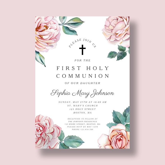 Elegante Blumenkreuz Einladung (Elegant Floral Cross Girl First Communion Invitation)