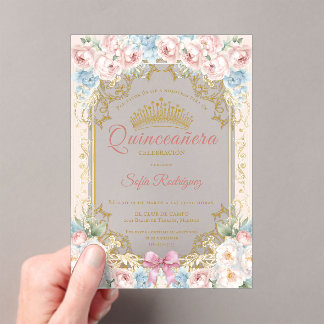 Elegante Blumenkrone-Quinceañera-Einladung Acryleinladungen