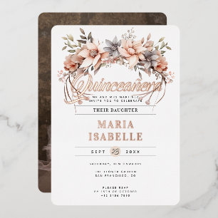 Elegante Blumenkrone Quinceñera Party Rose Gold Folieneinladung