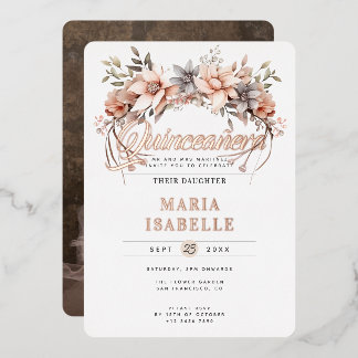 Elegante Blumenkrone Quinceñera Party Rose Gold Folieneinladung
