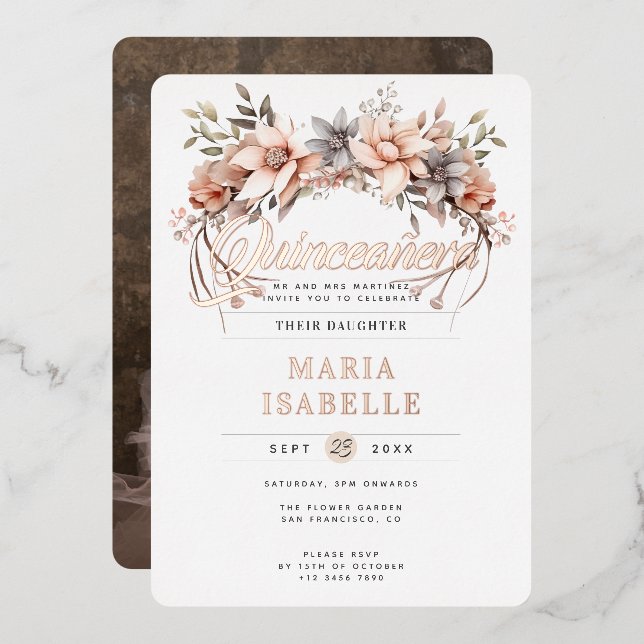 Elegante Blumenkrone Quinceñera Party Rose Gold Folieneinladung (Vorderseite/Rückseite)