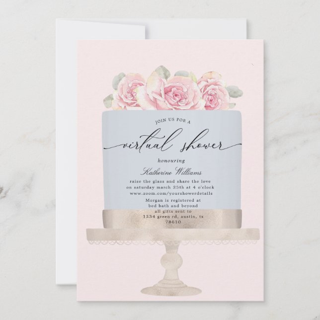 elegante Blumenkuchen virtuelle Dusche Einladung (Vorderseite)