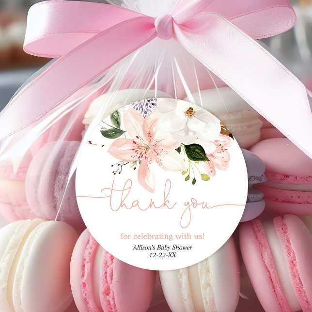 Elegante Blumenlililien erröten Danke Runder Aufkleber (Von Creator hochgeladen)