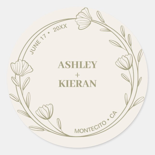 Elegante Blumenmoss Grüne Hochzeit Runder Aufkleber (Vorderseite)