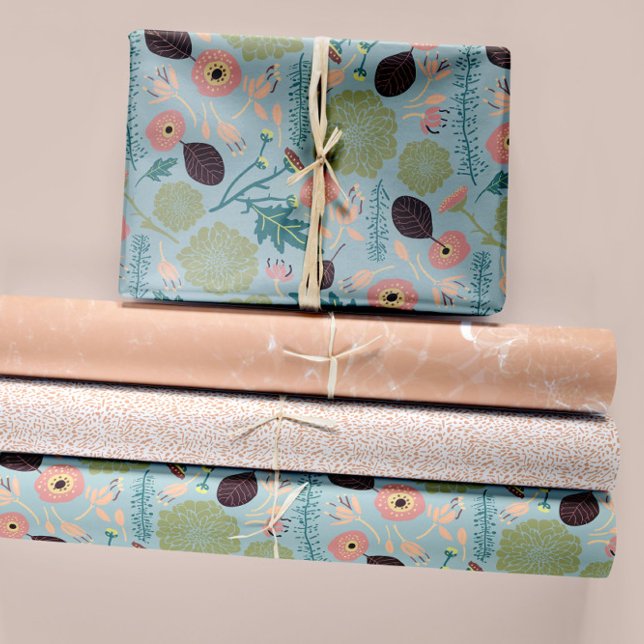 Elegante Blumenmuster Blau Pfirsichgrüne Blume Geschenkpapier Set (Elegant Floral Patterns Blue Peach Green Flowers Wrapping Paper Sheets from Studio Posies. )