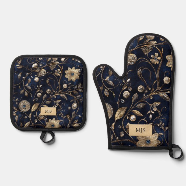 Elegante Blumenmuster Ofenhandschuh & Topflappen-Set (Vorderseite)