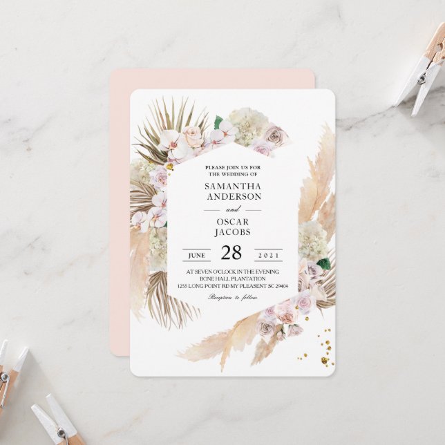 Elegante Blumenorchideen & Pampas Schönheitsrahmen Einladung (Vorderseite/Rückseite Beispiel)