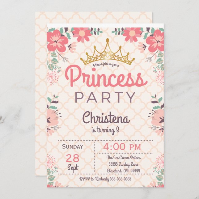 Elegante BlumenParty Einladung prinzessin-Birthday (Vorne/Hinten)