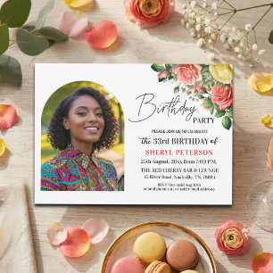 Elegante Blumenparty mit Foto zum 33. Geburtstag Einladung