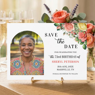 Elegante Blumenparty zum 73. Geburtstag Save The Date
