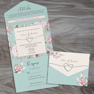 Elegante Blumenpastellfarben Rosa und Blau Hochzei All In One Einladung