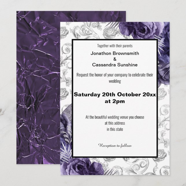 ELEGANTE BLUMENPATTERN FOIL METALLIC WEDD EINLADUNG (Vorne/Hinten)