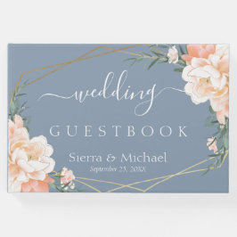 Elegante Blumenpfirsichcreme Gold Dusty Blue Weddi Gästebuch