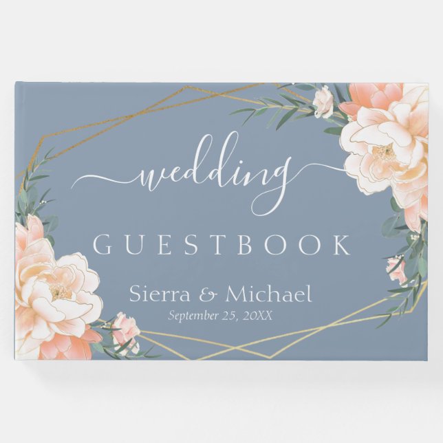 Elegante Blumenpfirsichcreme Gold Dusty Blue Weddi Gästebuch (Vorderseite)