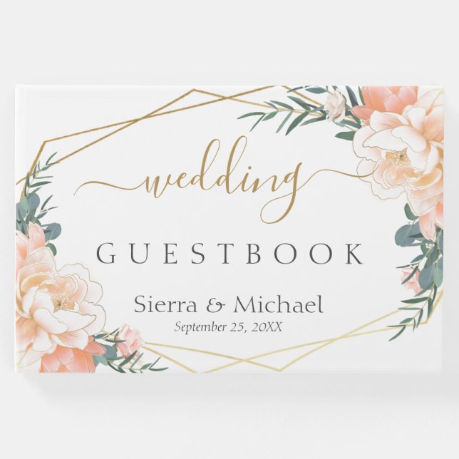 Elegante Blumenpfirsichcreme Gold Geometrische Hoc Gästebuch (Vorderseite)