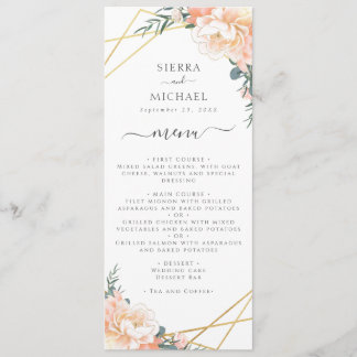 Elegante Blumenpfirsichcreme Gold Hochzeitsempfang Menükarte