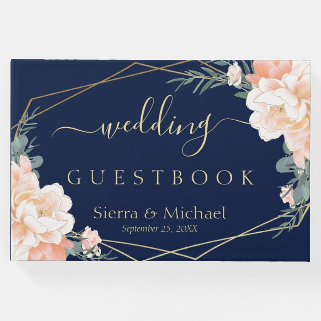 Elegante Blumenpfirsichcreme Gold Navy Blue Weddin Gästebuch (Vorderseite)