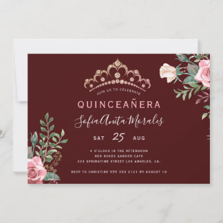 Elegante Blumenprinzessin Tiara burgundy Quinceane Einladung