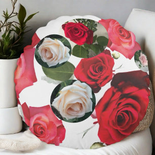 Elegante, blumenschick-rote, cremefarbene, rosa Ro Rundes Kissen
