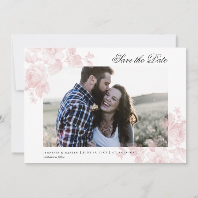 Elegante Blumenschrift-Foto Hochzeit Save The Date (Vorderseite)