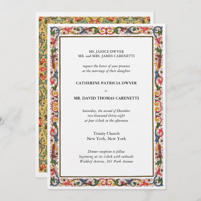 Elegante Blumenstrasse Blue & Gold Hochzeit Einladung (Vorne/Hinten)