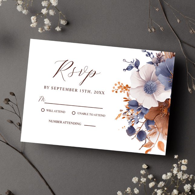 Elegante Blumenstrauß Hochzeit RSVP Karte (Elegant Floral Dusty Blue Rust Wedding RSVP Card)