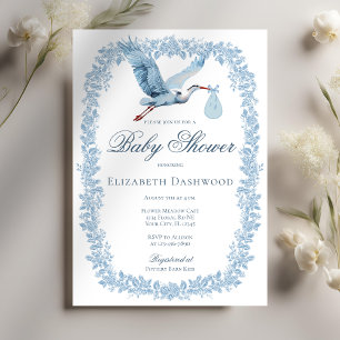 Elegante Blumentoile Frame Blue Stork Baby Dusche Einladung