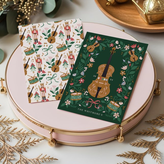 Elegante Blumenweihnachtscreme Ballett Geige Feiertagskarte (Elegant Floral Christmas Nutcracker Ballet Violin Holiday Card)