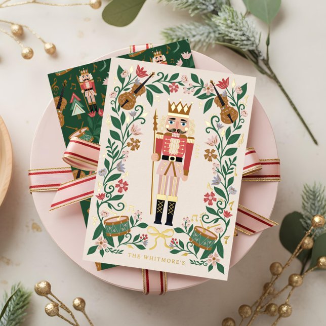 Elegante Blumenweihnachtskugel Folien Feiertagskarte (Elegant Floral Christmas Nutcracker Ballet Musical Foil Holiday Card)