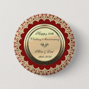 Elegante Blumenwirbel Rot 50. Hochzeitstag Button