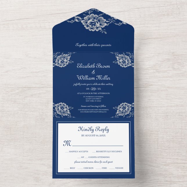 Elegante Blumenzange auf Blue Wedding All In One Einladung (Innen Boden)