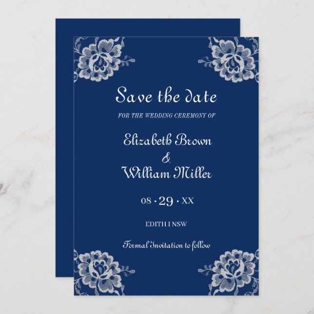 Elegante Blumenzange auf Blue Wedding Save The Date (Vorne/Hinten)