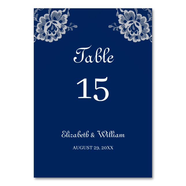 Elegante Blumenzange auf Blue Wedding Tischnummer (Vorderseite)