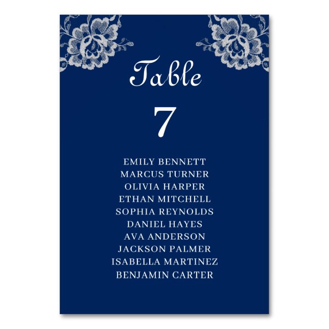 Elegante Blumenzange auf Blue Wedding Tischnummer (Vorderseite)