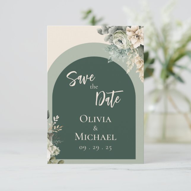 Elegante Blumenzange Grüne Hochzeit speichern das  Save The Date (Stehend Vorderseite)
