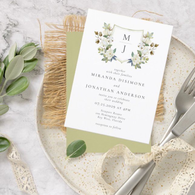 Elegante Blumenzwiebeleien mit grünem Wappen Einladung (Von Creator hochgeladen)