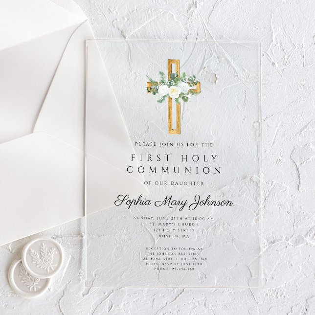 Elegante Blumenzwiebeln Acryleinladungen (Elegant Floral Peonies Girl First Communion Acrylic Invitations)
