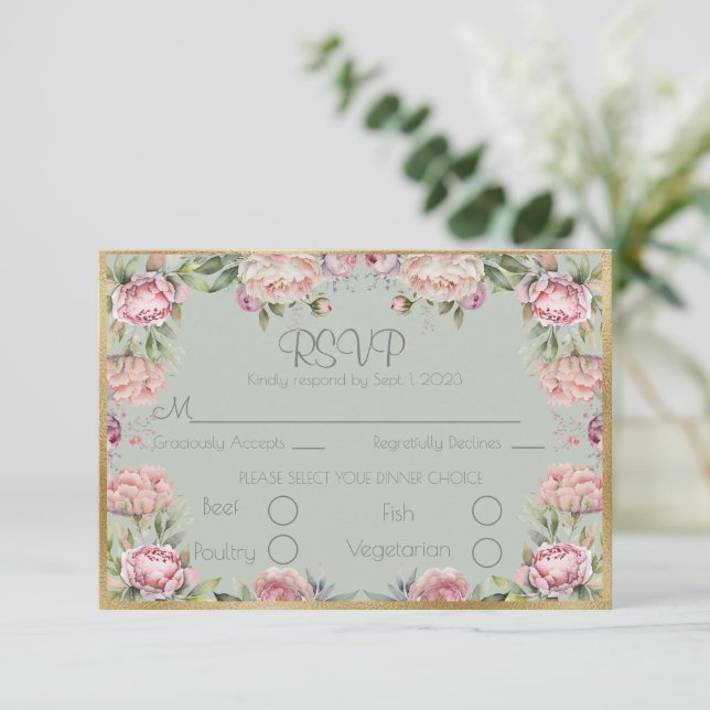 Elegante Blumenzwiebeln Gold Script Wedding RSVP (Stehend Vorderseite)