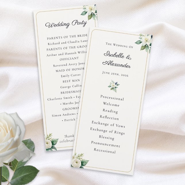 Elegante Blumige Hochzeitsprogrammvorlage Programm (An elegant wedding program personalized with the couple's names, wedding date and ceremony details)