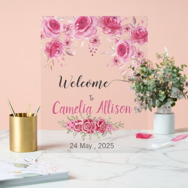 Elegante Blush Bloral Baby Dusche Willkommen Acrylschild (Hochzeit)