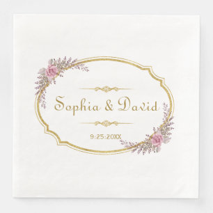 Elegante Blush Bloral Gold Frame Wedding Serviette